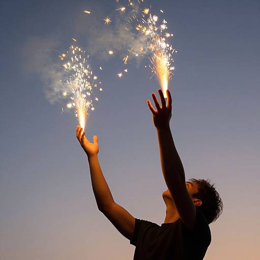 Photograph of a silhouetted man holding two lit sparklers against a twilight blue sky, creating a starburst effect.
