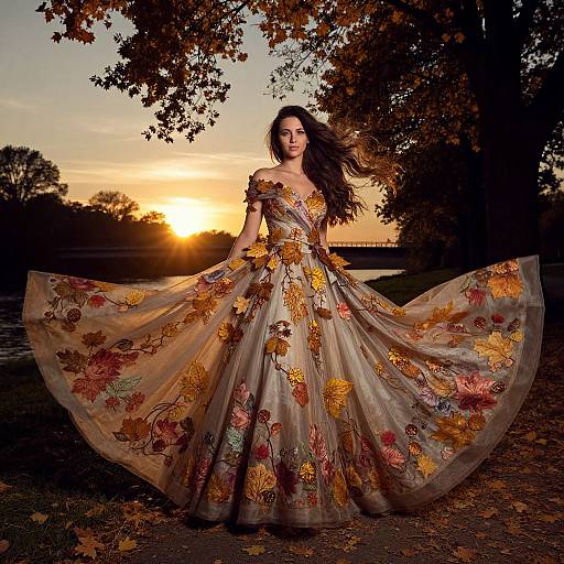 Photograph of a woman in an off-shoulder, floral autumn dress, standing in a park at sunset, with trees silhouetted against