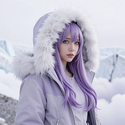 Digital artwork of a young woman with long purple hair, blue eyes, wearing a white fur-trimmed hooded winter jacket, standing in a snowy