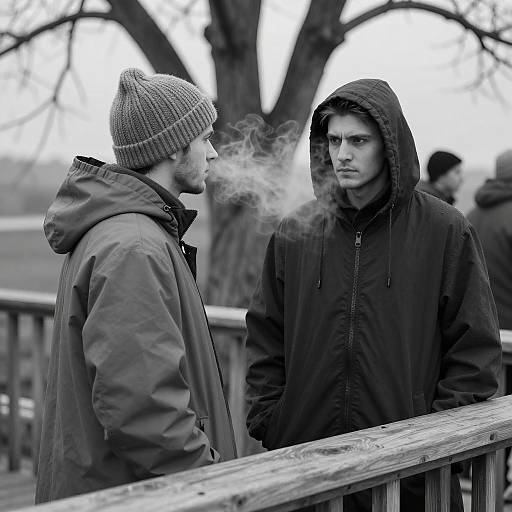 Black and White Photo of Two Men in Hooded Coats on Balcony