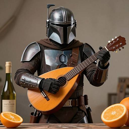 Photograph of a Stormtrooper in black armor playing a small acoustic guitar, with a bottle of wine and two orange halves on a wooden table in