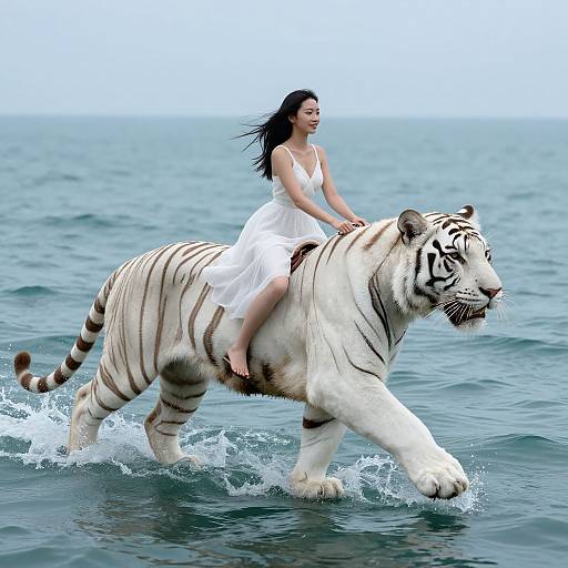 Photograph: Asian woman with long black hair in white dress rides white tiger through ocean waves, sky overcast, tiger strides powerfully.