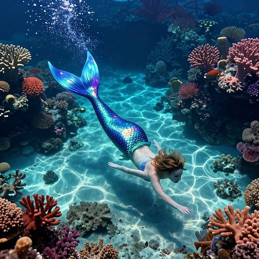 Digital illustration of a blue, iridescent mermaid with a shimmering tail swimming through a vibrant underwater coral reef, illuminated by sunlight.