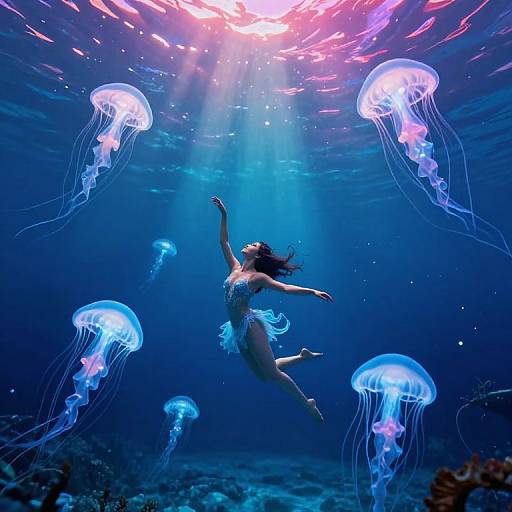Photograph of a woman with flowing hair, wearing a bikini, underwater, surrounded by glowing blue jellyfish, with sunlight streaming from above.