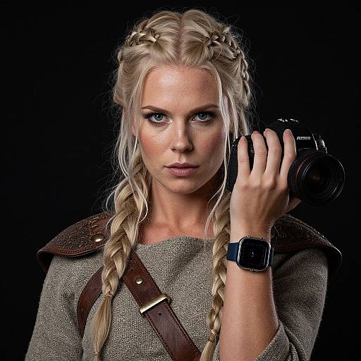 Photograph of a blonde woman with braided hair, wearing a gray medieval-style shirt, brown leather straps, and a black smartwatch, holding a