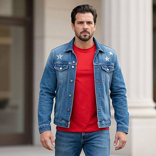 Photograph of a muscular, bearded man with dark hair wearing a red t-shirt, blue denim jacket with white stars, and blue jeans, standing