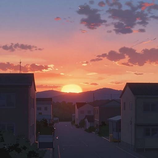 Digital anime-style drawing of a suburban street at sunset, with orange and pink sky, silhouetted houses, and scattered clouds.