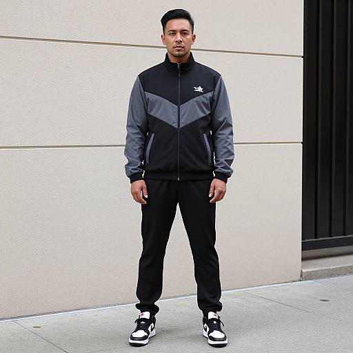 Photograph of a young Asian man standing against a beige building wall, wearing a black and gray Adidas track jacket, black pants, and black-and-white
