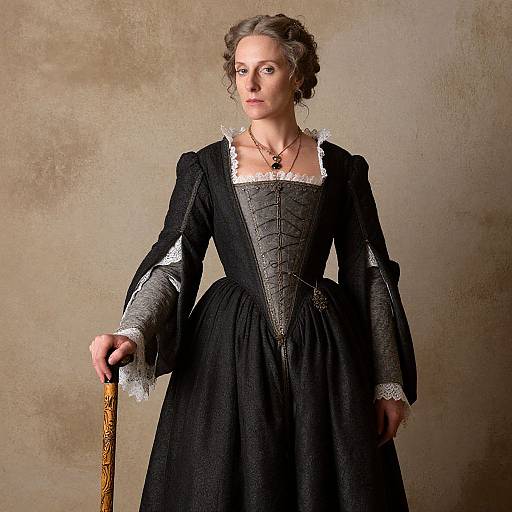 Photograph of a stern-faced Caucasian woman in a 18th-century black dress with lace trim, holding a wooden cane, against a textured brown background