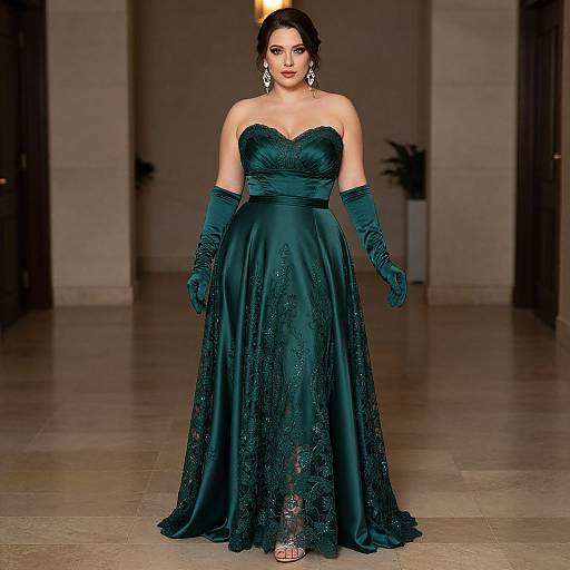 Photograph of a curvy woman with dark hair in an elegant, strapless, dark green lace gown, matching gloves, and dangling earrings, walking