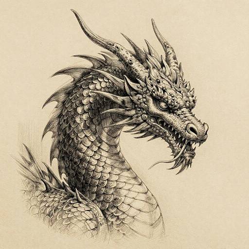 Detailed black-and-white ink drawing of a fierce, intricately scaled dragon head with sharp horns, intense eyes, and an open mouth.
