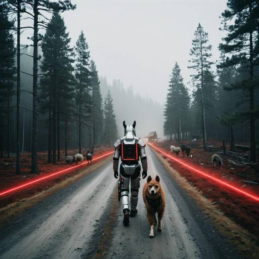 Humanoid Mechsuit Walking with Dog in Foggy Forest