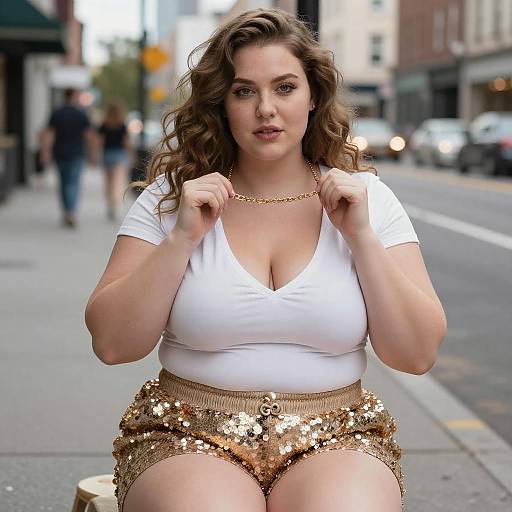 Photograph of a curvy woman with wavy brown hair, wearing a white V-neck top and sequined gold shorts, sitting on a city sidewalk