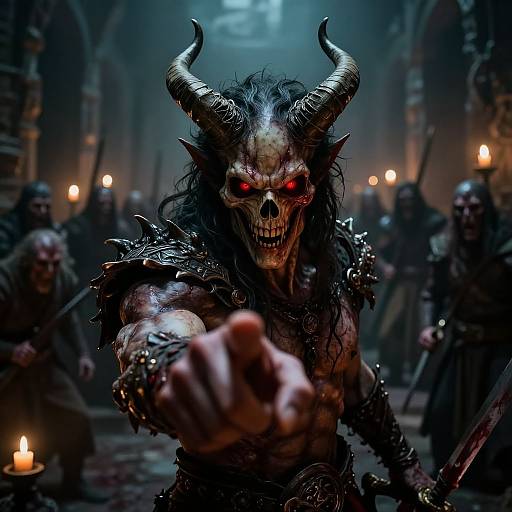 Digital artwork of a menacing horned demon with glowing red eyes, skeletal face, and spiked armor, pointing forward in a dark, candle-lit cathedral