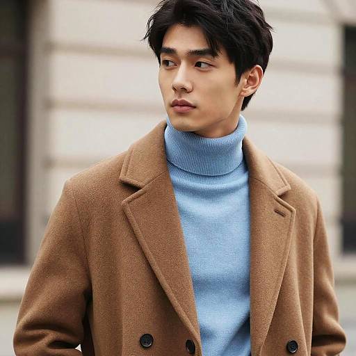 Stylish Young Man in Brown Coat and Blue Turtleneck