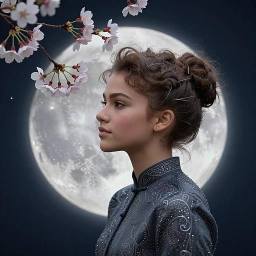 Woman in Traditional Robe with Moon and Cherry Blossoms