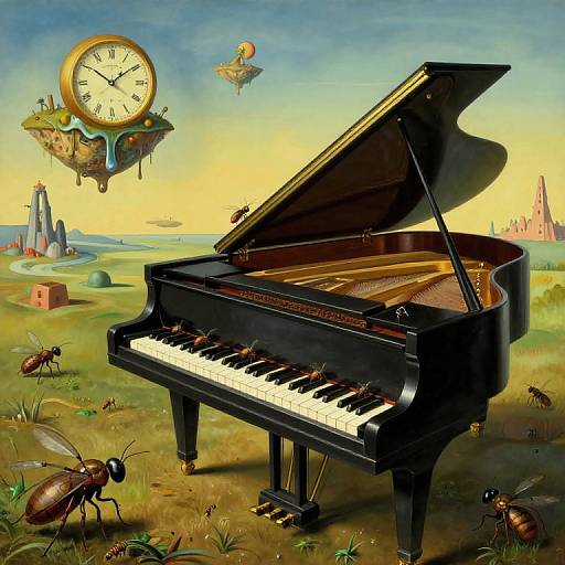 Surreal digital painting: grand piano with open lid, insects on keys, floating clock island, flying bird, grassy landscape, lighthouse,