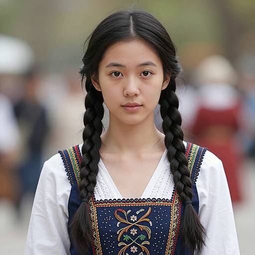 Photograph of an Asian woman with long black hair in braids, wearing a traditional black embroidered dress over a white blouse, standing in a blurred outdoor