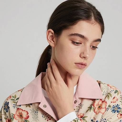 Young Woman in Floral Jacket Looking Down