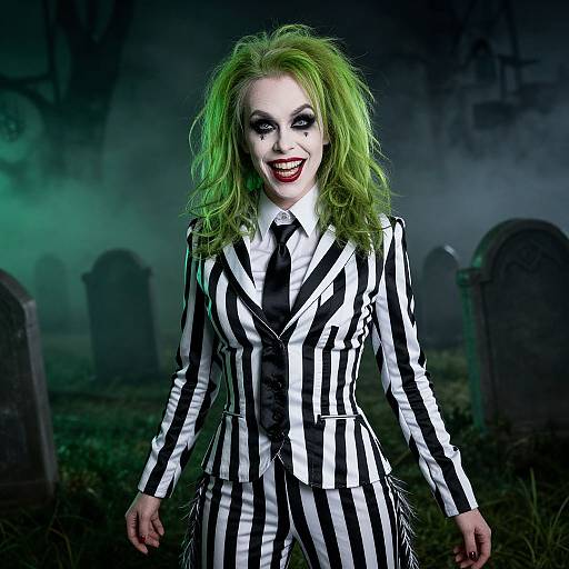 Photograph of a woman with green hair, white face paint, red lipstick, and black-and-white striped suit, standing in a foggy graveyard.