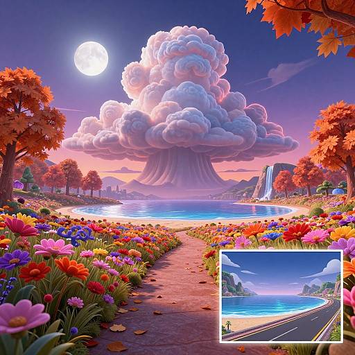 Digital fantasy landscape: vibrant flowers along a path lead to a cloud-like mountain under a full moon, with a waterfall and sunset sky. Inset: