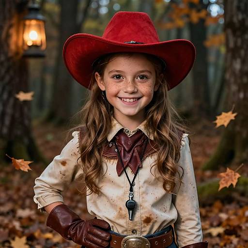 Photograph of a smiling young girl with long brown hair, wearing a red cowboy hat, beige shirt, brown leather gloves, and belt, standing in
