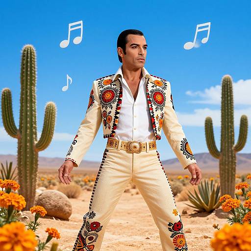 Photorealistic image of a Latino man in a vibrant, embroidered white suit, standing confidently in a desert with cacti, orange flowers, and