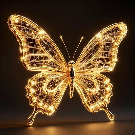 Glowing wireframe butterfly light sculpture, illuminated with yellow-orange LED lights, against a dark background, creating a vibrant, luminous effect.