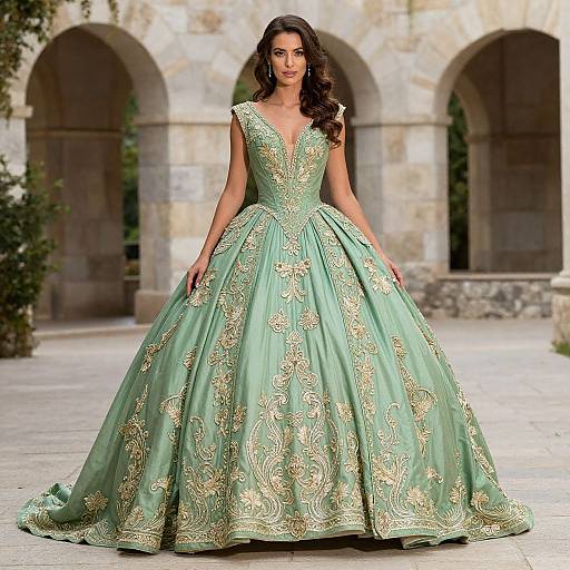 Elegant Woman in Ornate Green Gown