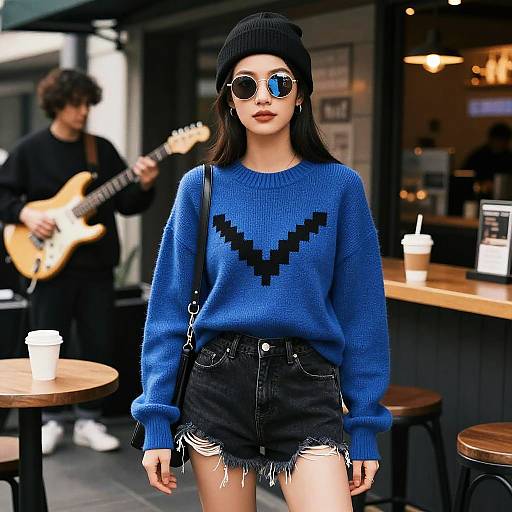 Stylish Woman in Blue Sweater at Coffee Bar