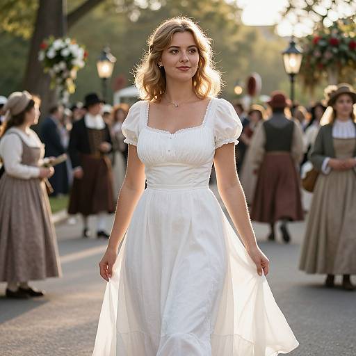 Photograph of a young blonde woman in a white, short-sleeved, Victorian-style wedding dress walking through a sunlit outdoor market with Victorian-era