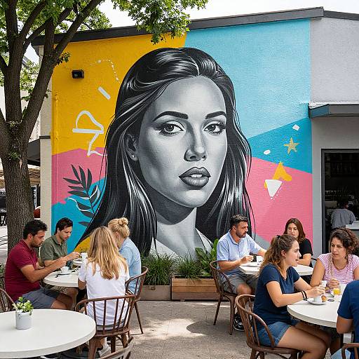 Photograph of a vibrant outdoor café with a large, detailed black-and-white mural of a woman's face on colorful yellow, blue, and pink walls