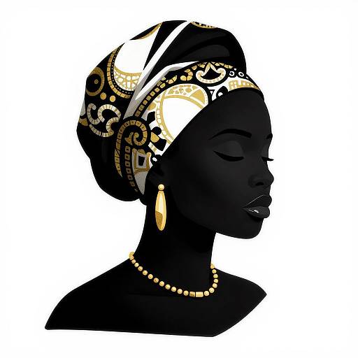 Digital illustration of a black silhouette woman with closed eyes, wearing an ornate gold and white headwrap, gold earrings, and a pearl necklace.