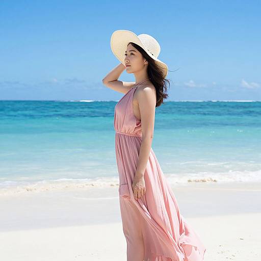 Asian woman with long black hair in a pink, sleeveless dress and wide-brimmed hat, standing on a sunlit beach with turquoise ocean and