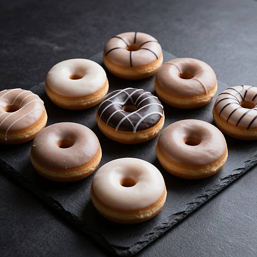 Photograph of nine donuts, seven with shiny pink glaze and two with chocolate glaze, some with white or black drizzle, on a