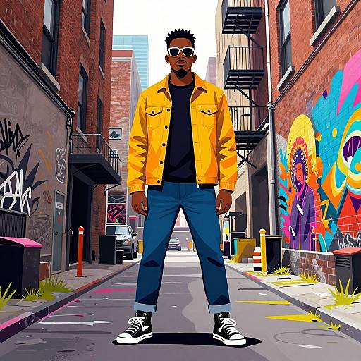 Digital illustration of a tall, black man in a bright yellow jacket, black t-shirt, blue jeans, black sneakers, and sunglasses, standing in a
