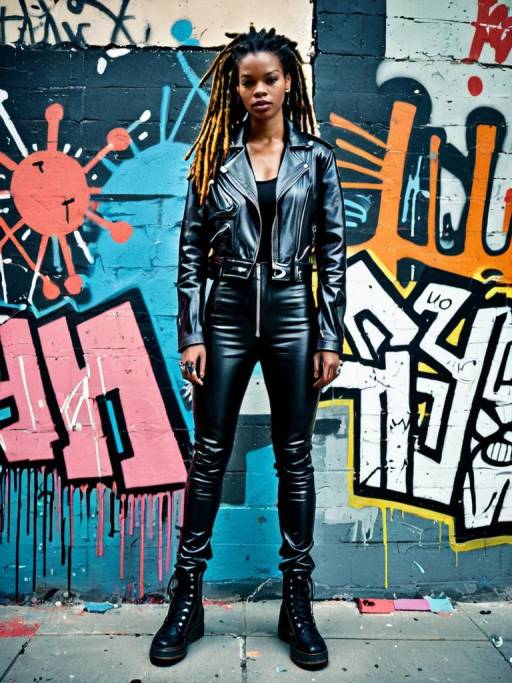 Young Woman in Black Leather Outfit Against Graffiti Wall