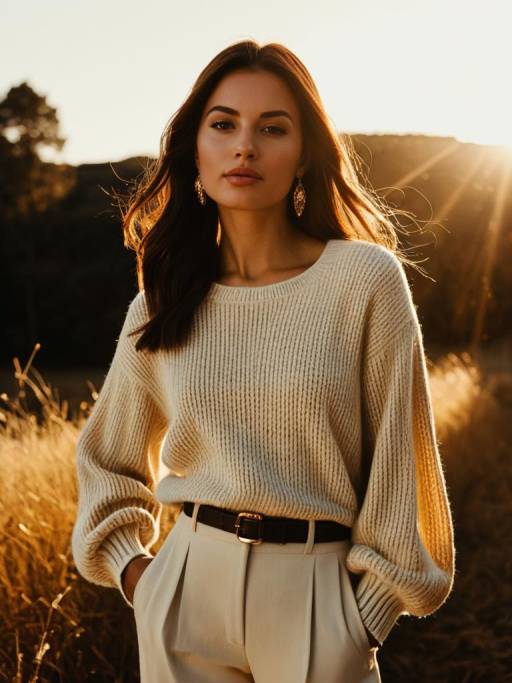 Woman in Beige Knitted Sweater and Cream Trousers