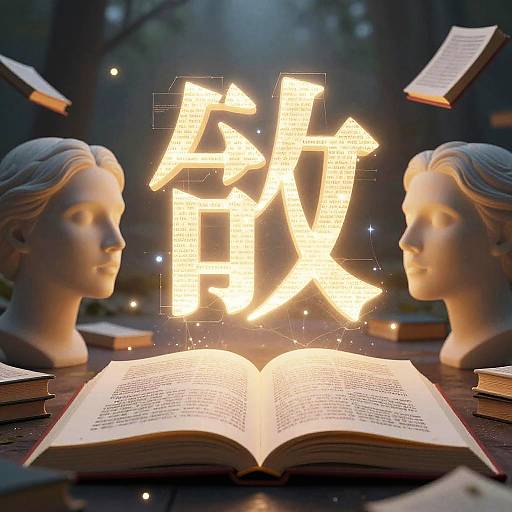 Photograph of two classical-style busts facing an open book with glowing Chinese characters and floating books in a dimly lit background.