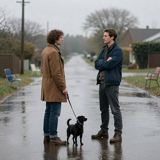 Two men standing on flooded road with dog