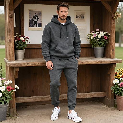 Photograph of a bearded man in a dark gray hoodie and pants, white sneakers, standing in front of a wooden flower stand with potted flowers