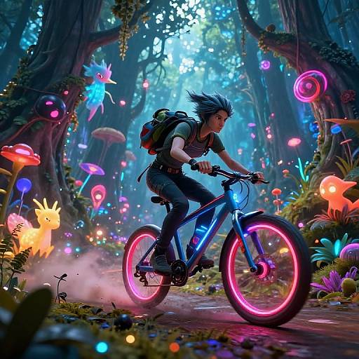 Digital artwork: Adventurous, blue-haired person with backpack riding neon-lit bicycle through vibrant, magical forest filled with glowing mushrooms and colorful creatures.