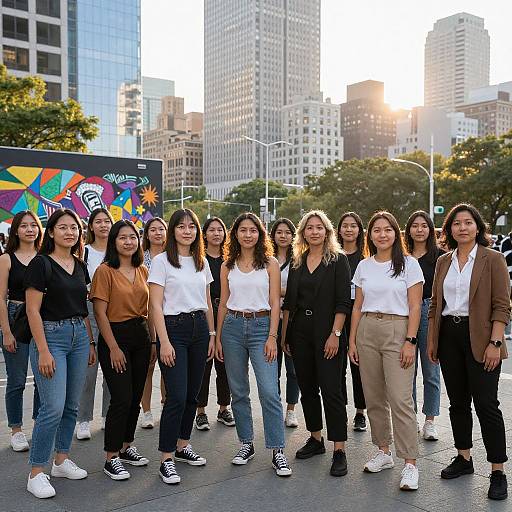 Photograph of a diverse group of 12 Asian women in casual, modern attire standing in a cityscape at sunset, smiling. Background includes tall buildings