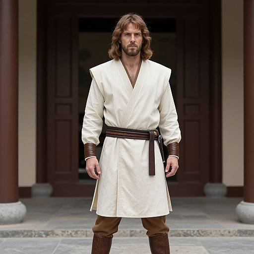 Photograph of a bearded man with long brown hair, wearing a white kimono-style robe, brown pants, and leather bracers, standing in