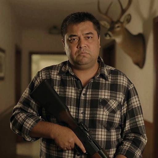 Serious Man with Rifle Indoors