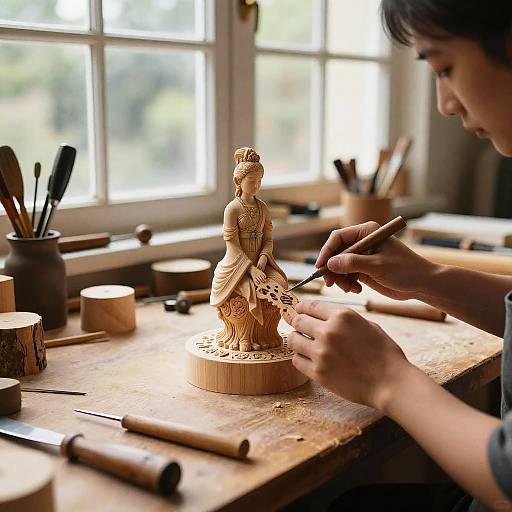 Intricate Wooden Sculpting in Cozy Workshop