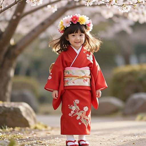 Photograph of a young Asian girl in a red floral kimono with white and yellow obi, flower crown, and red geta, walking on