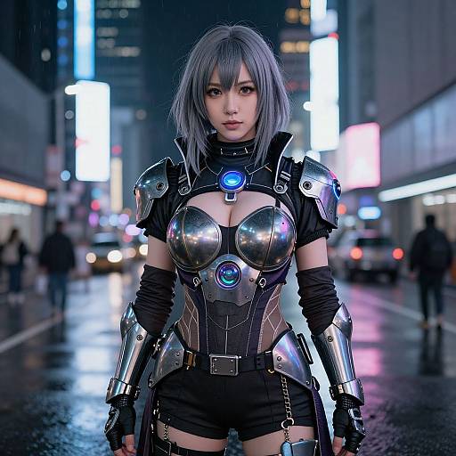 CGI image of a silver-haired woman in futuristic armor with glowing blue accents, standing on a neon-lit, rainy city street.
