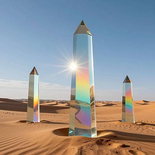 Photograph of three tall, transparent, rainbow-reflecting glass towers in a sunny desert, with the sun shining brightly from the central tower.