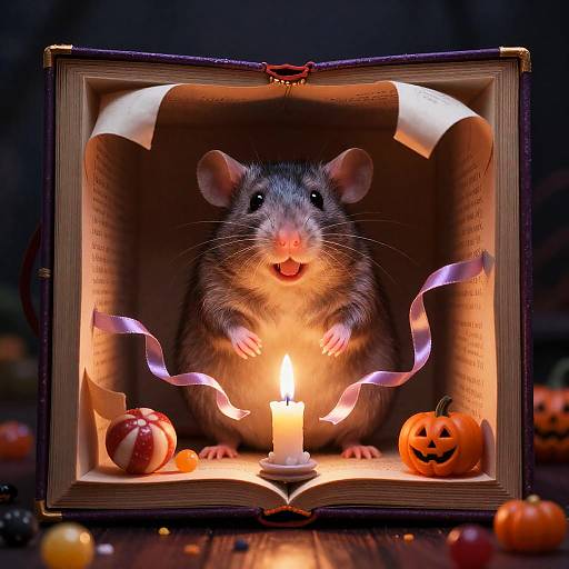 Happy Rat in Haunted Storybook with Halloween Candy